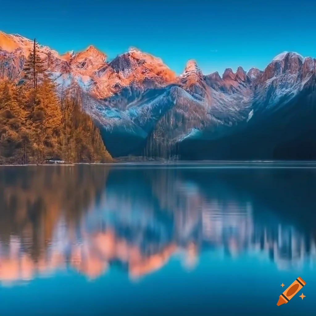 Enchanted mountain lake with shimmering water, snow-capped peaks, and a wooden cabin