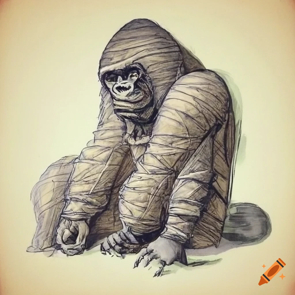 Rough pencil sketch of a decayed giant mummy gorilla on stained paper