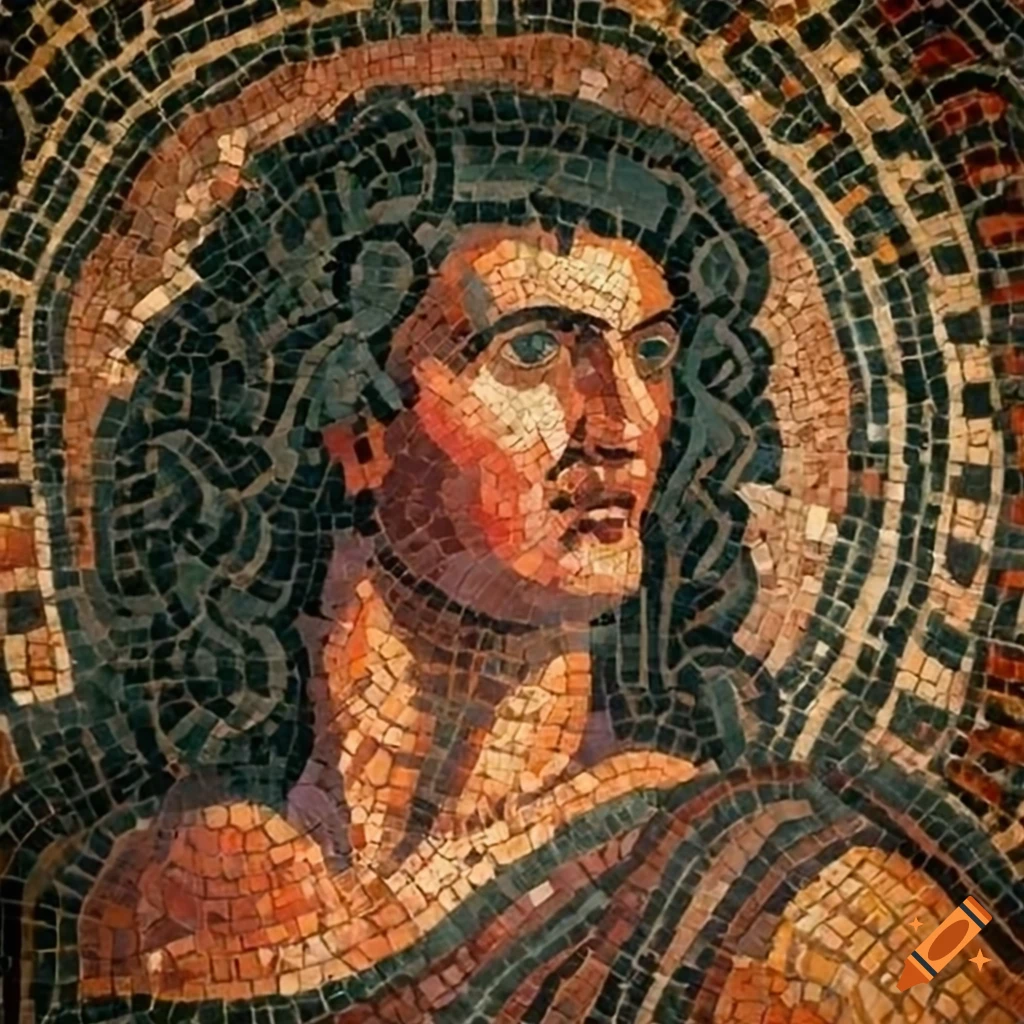 Ancient Roman mosaic of a strong man in a loincloth in a wilderness setting