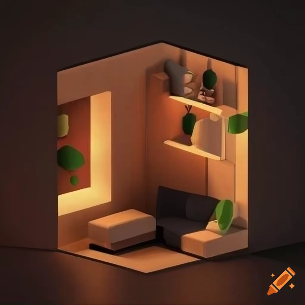 Isometric cozy cube living room with soft lights and stairs