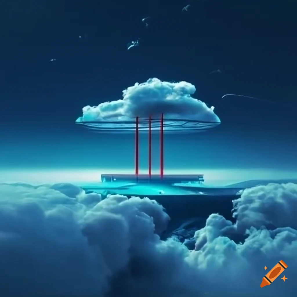 Datacenter connected with bridge of clouds to data in the sky