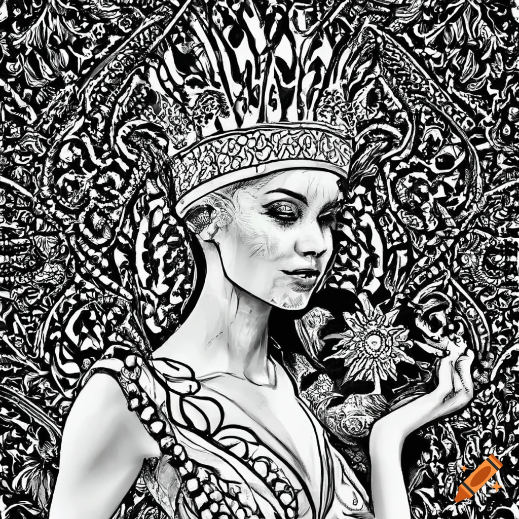 Black and white coloring page of a queen
