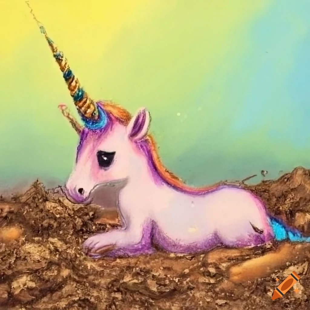 Young unicorn sinking in mud in pastel drawing