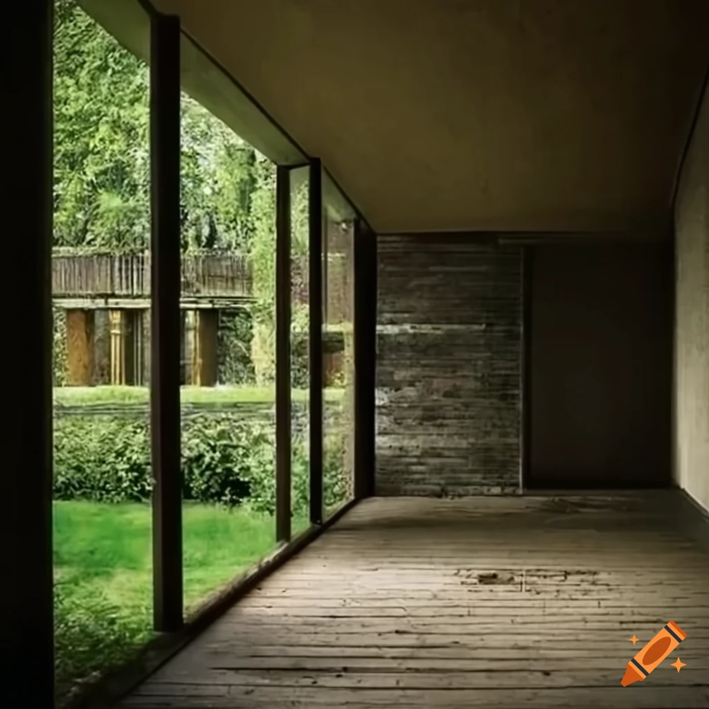 Brutalist pavilion in a lush walled garden inspired by St. Peter's Seminary architecture