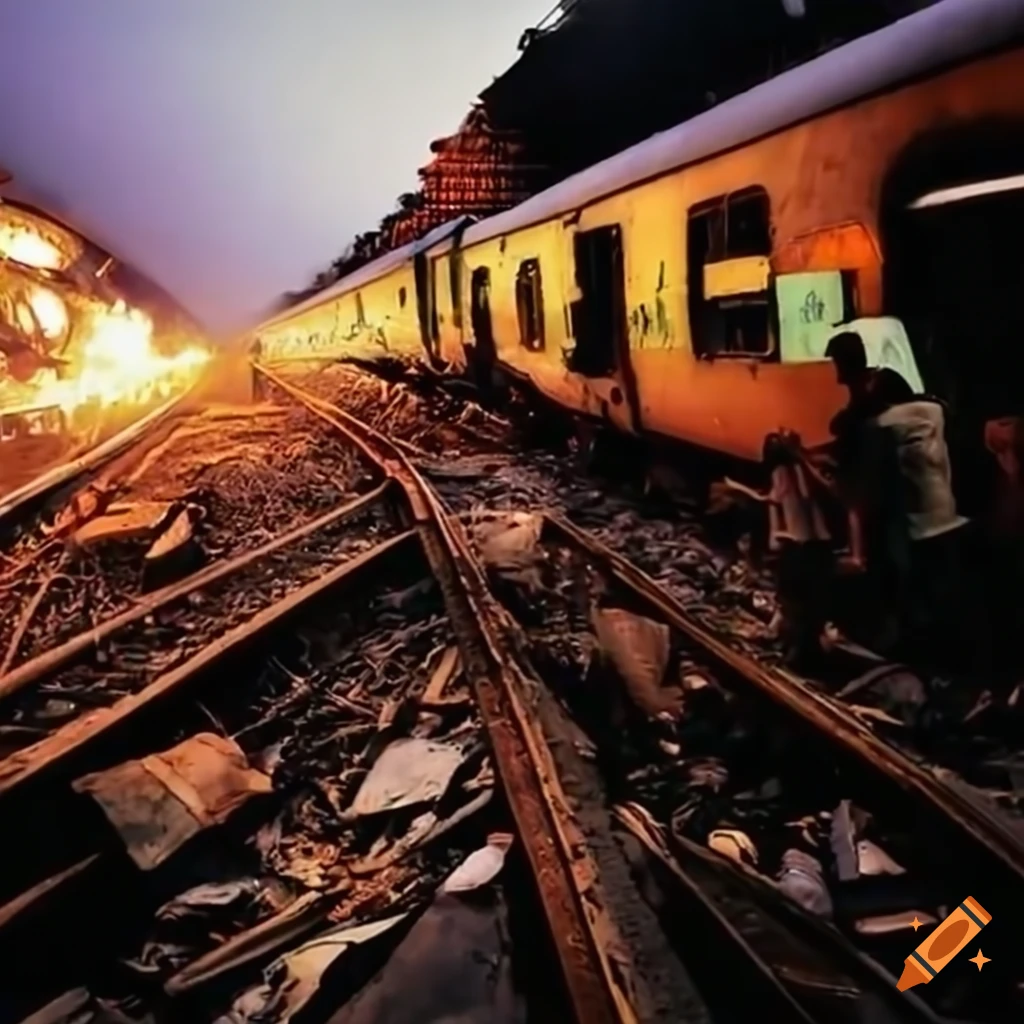 Chaotic train collision scene at an Indian railway station