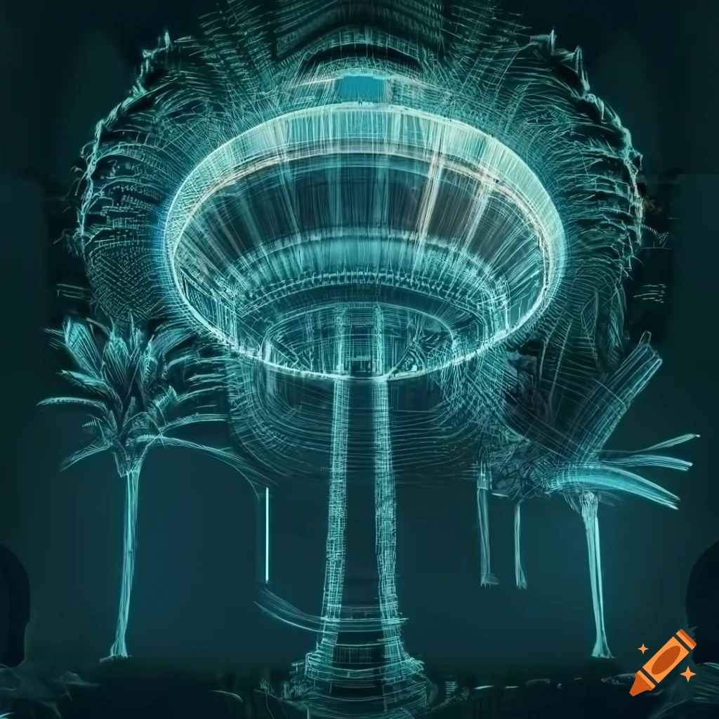 Palma tree and UFO in a lush green jungle with dramatic lighting