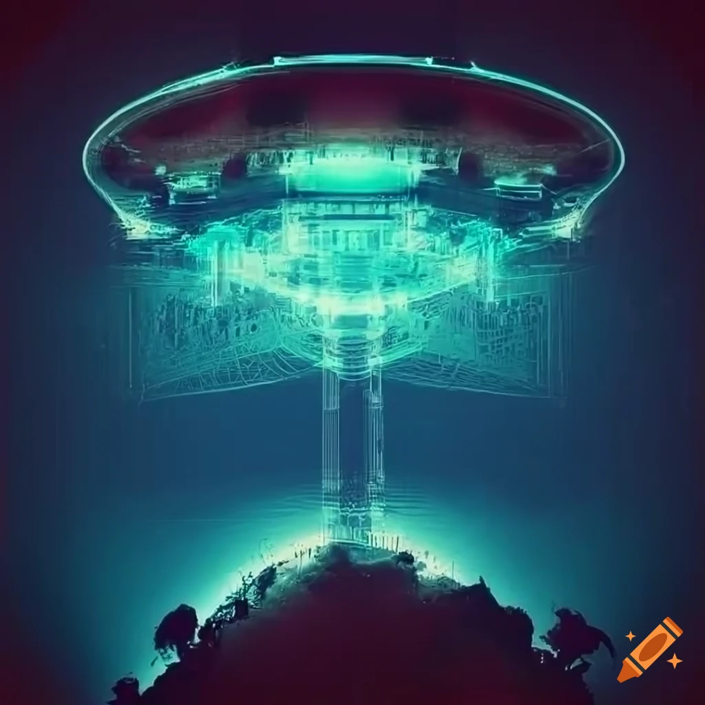 Palma tree and UFO in a lush green jungle with dramatic lighting