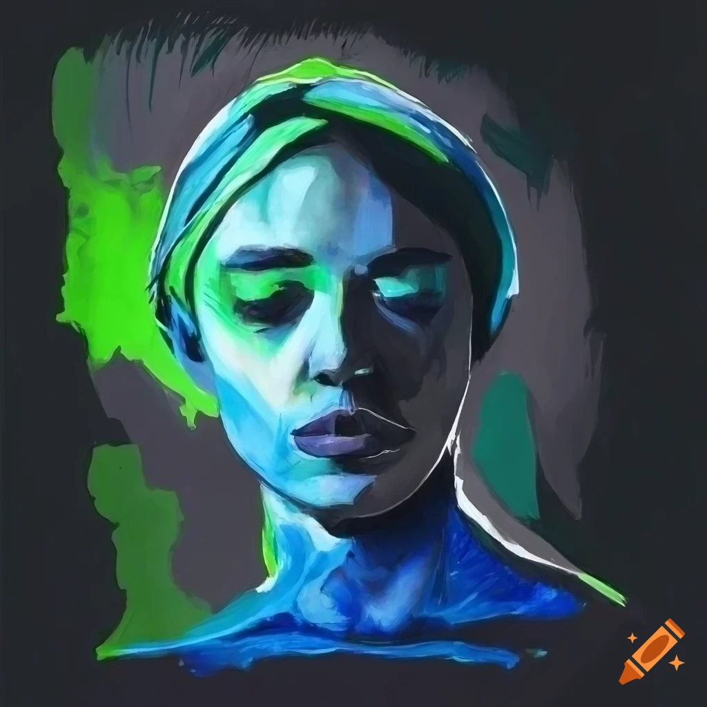 Portrait of a lonely individual in black, white, blue, and green