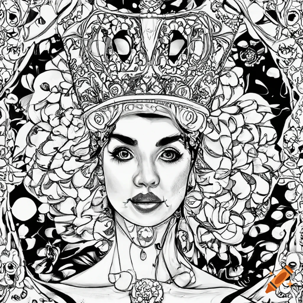 Black and white coloring page of a queen