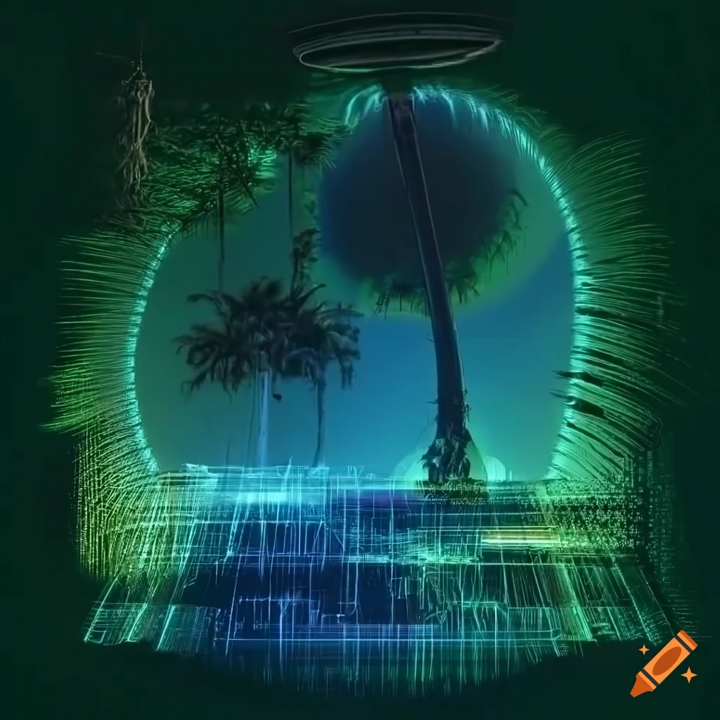 Palma tree and UFO in lush green jungle with dramatic lighting