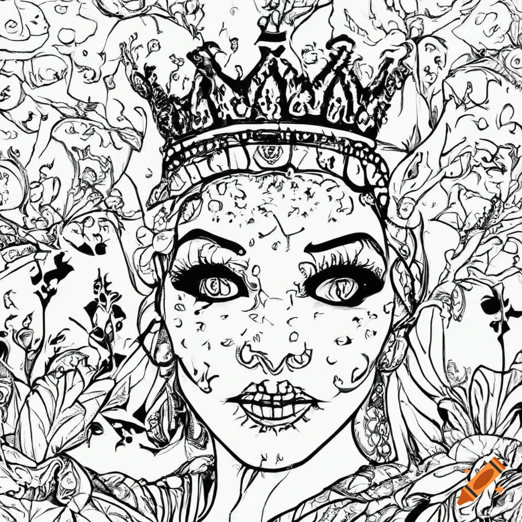 Black and white coloring page of a queen