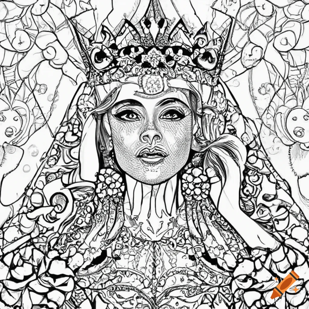 Black and white coloring page of a queen in an awesome dress
