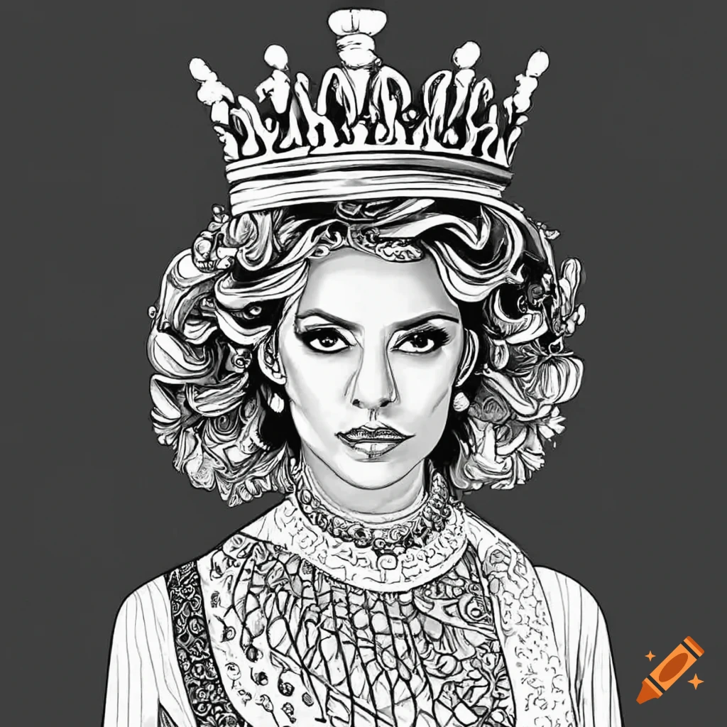 Black and white coloring page of queen in elegant dress