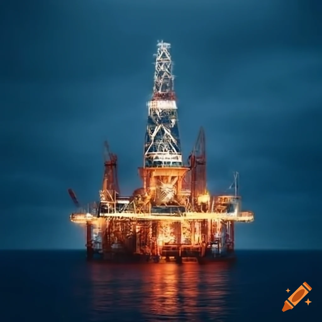 Oil rig during a storm at sea with fire