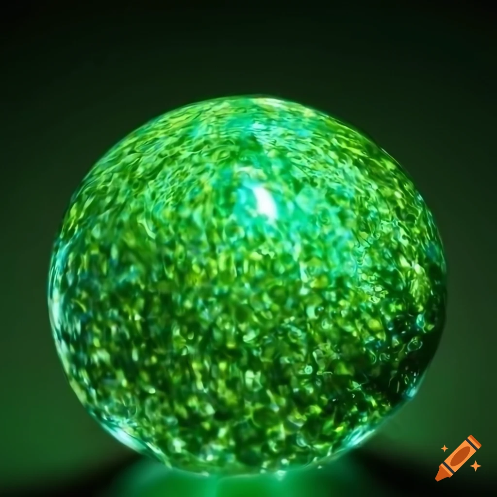 Reflective green healing orbs on white background in a macro abstract view