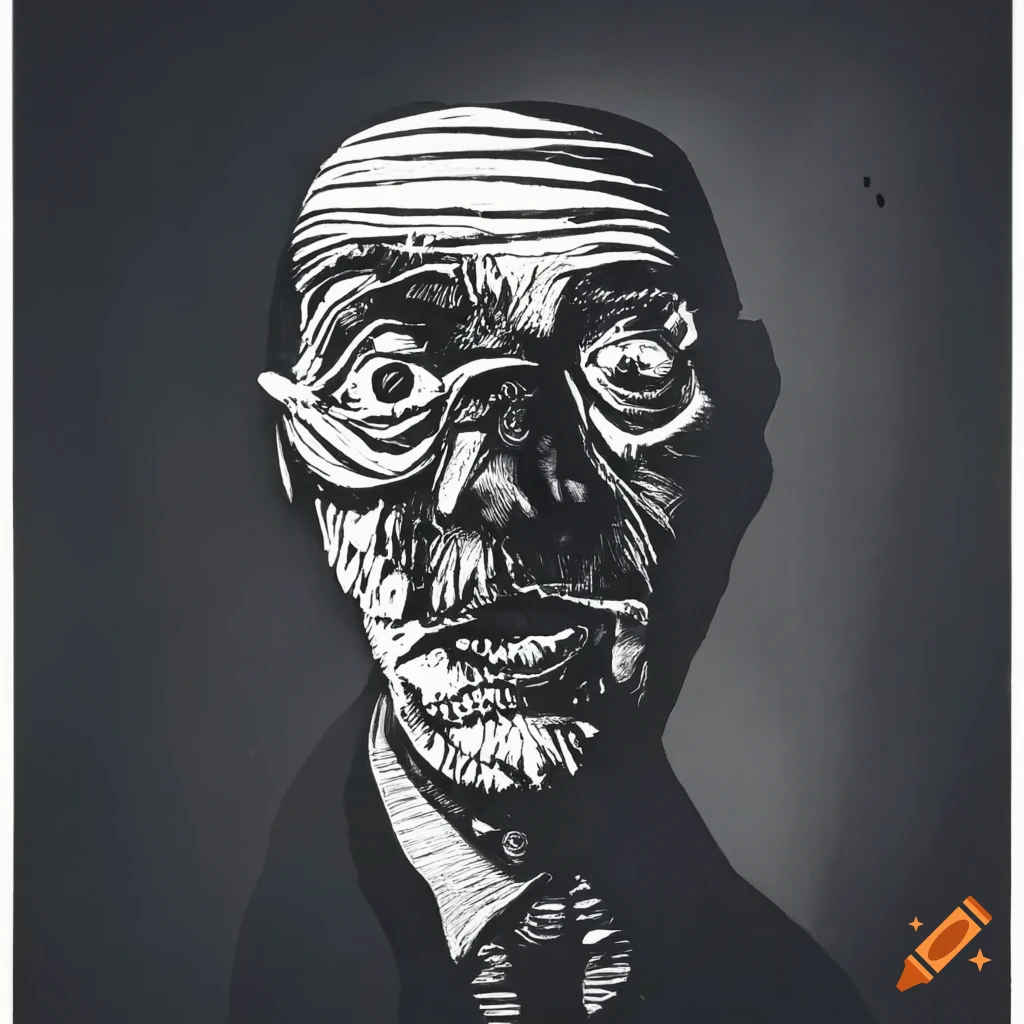 Edgy linocut art featuring men displaying exaggerated emotions in a neo-expressionist style