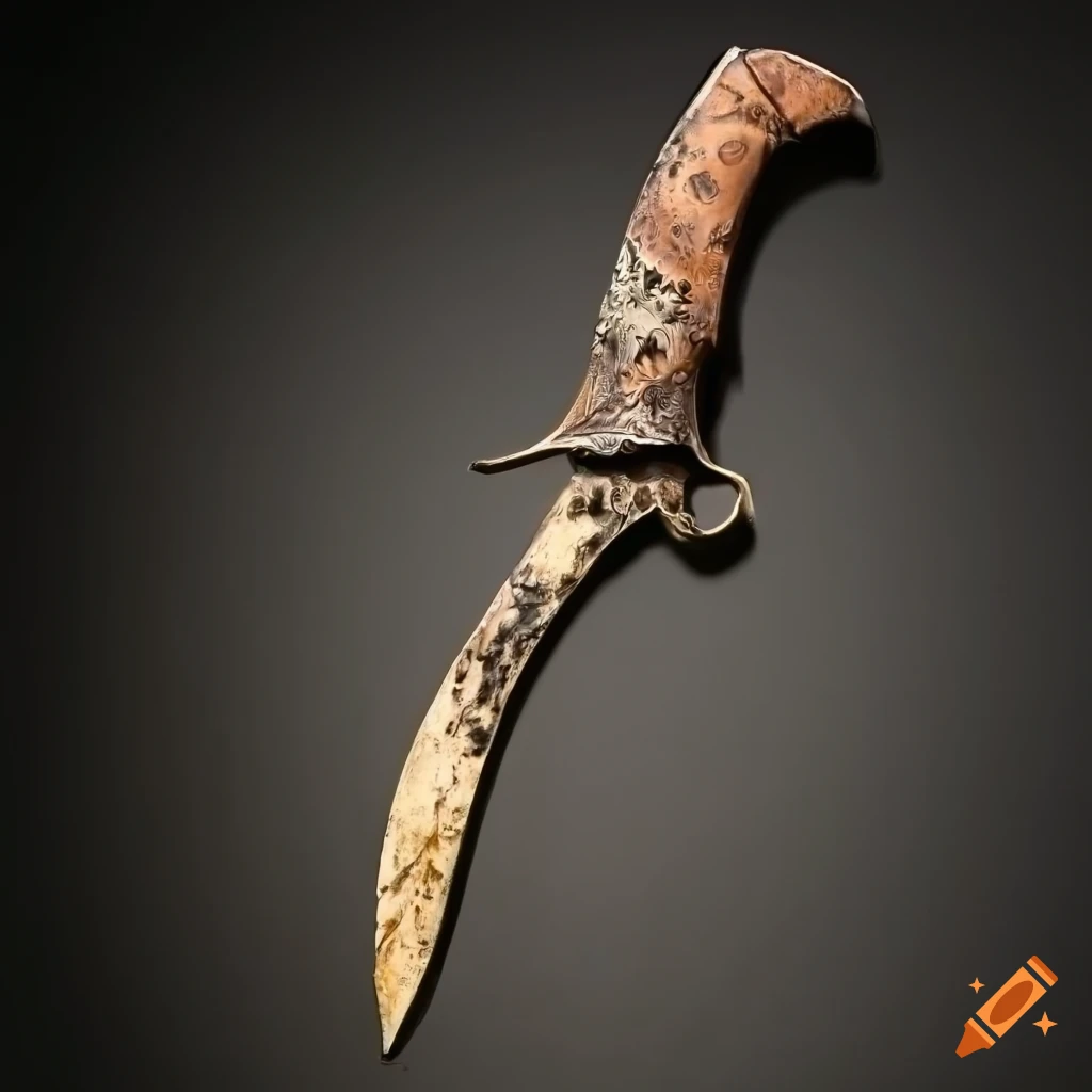 Tarnished double-bladed scimitar with moss and dead flowers