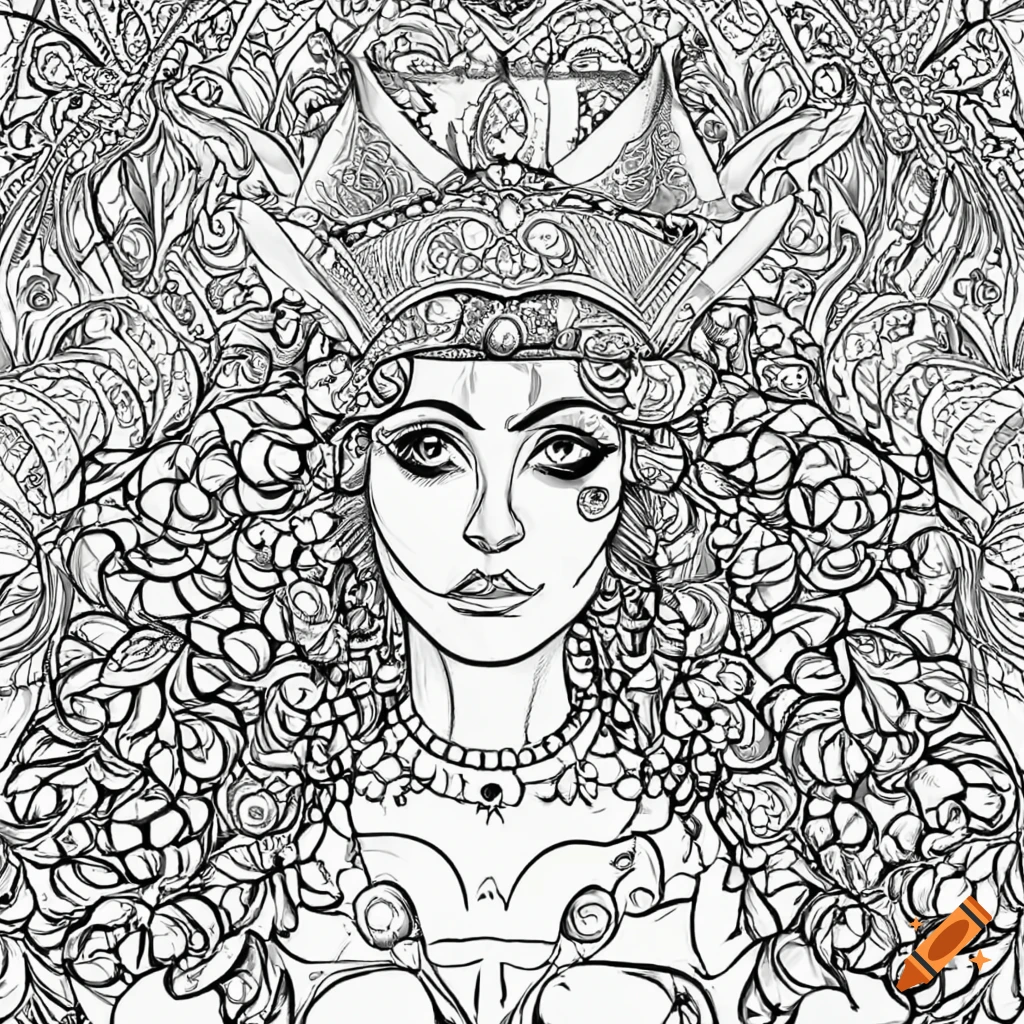 Black and white coloring page of a queen