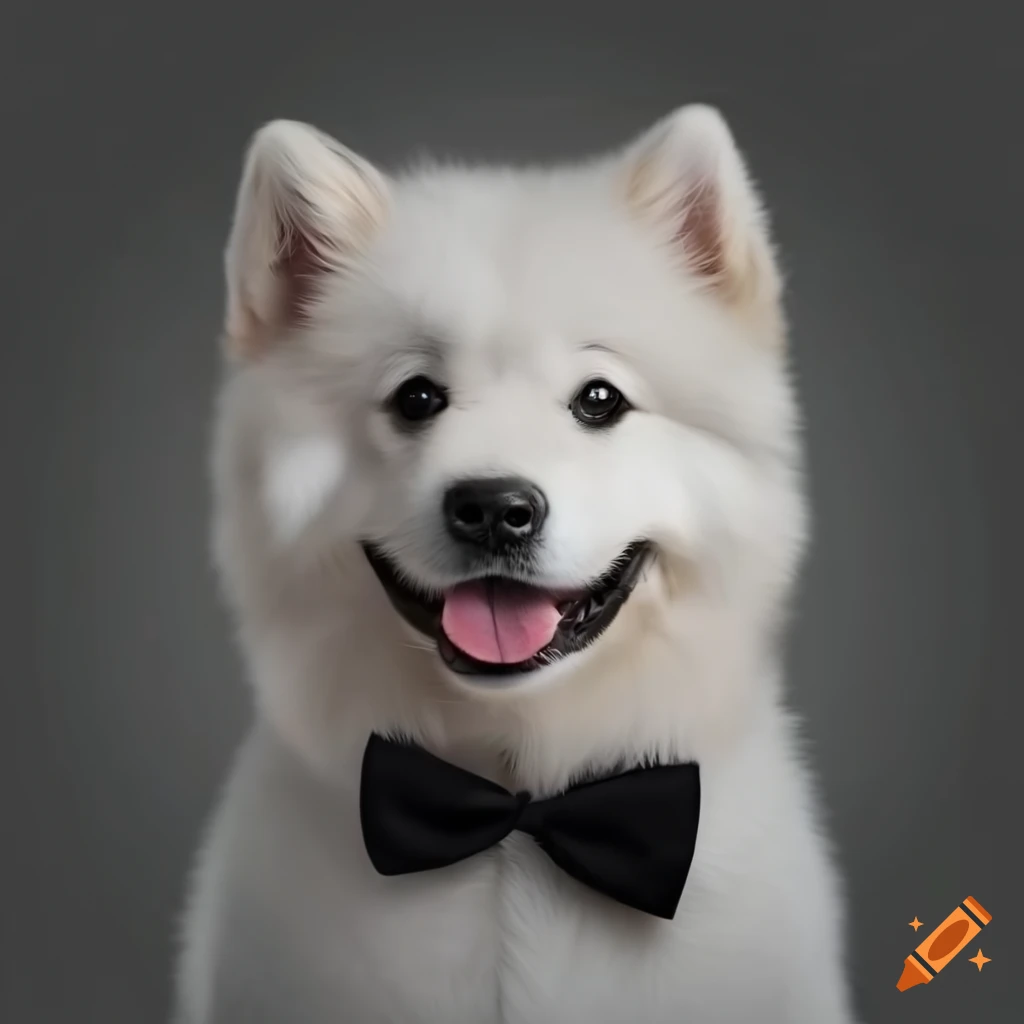 Adorable samoyed puppy wearing a black bowtie on Craiyon