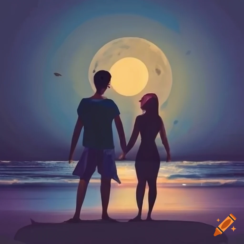 Couple in love at the beach under the moonlight