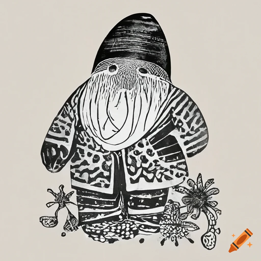 Inuit stonecut print of a gnome among flowers and bones