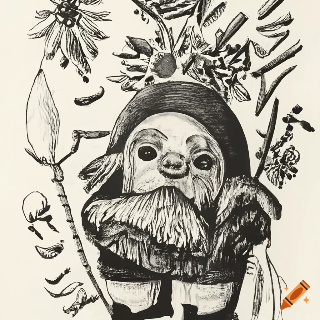 Inuit stonecut print of a gnome among flowers and bones