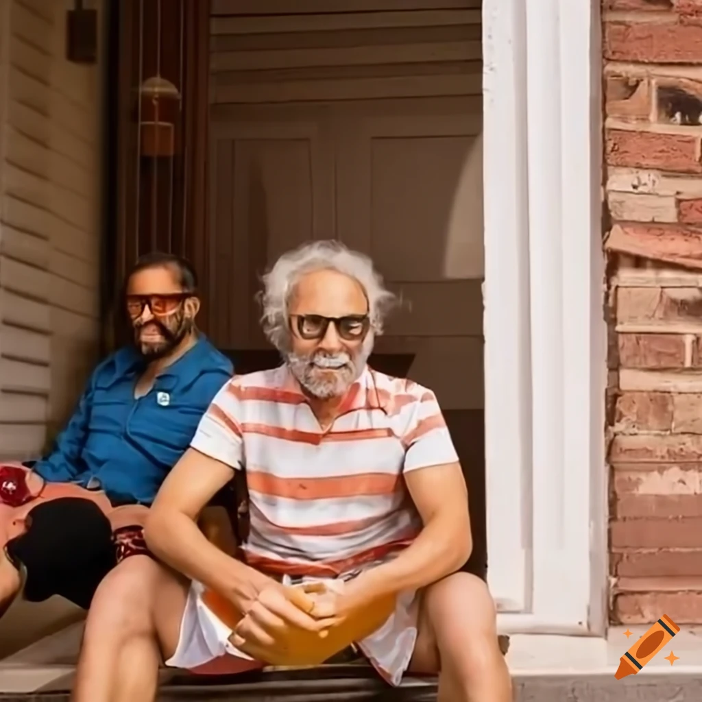 Man in his 60s with gray curly hair and full beard enjoying a beer on the porch at sunset