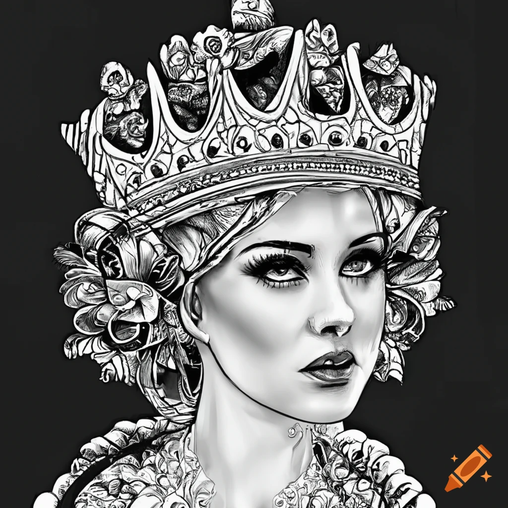 Black and white coloring page of a queen