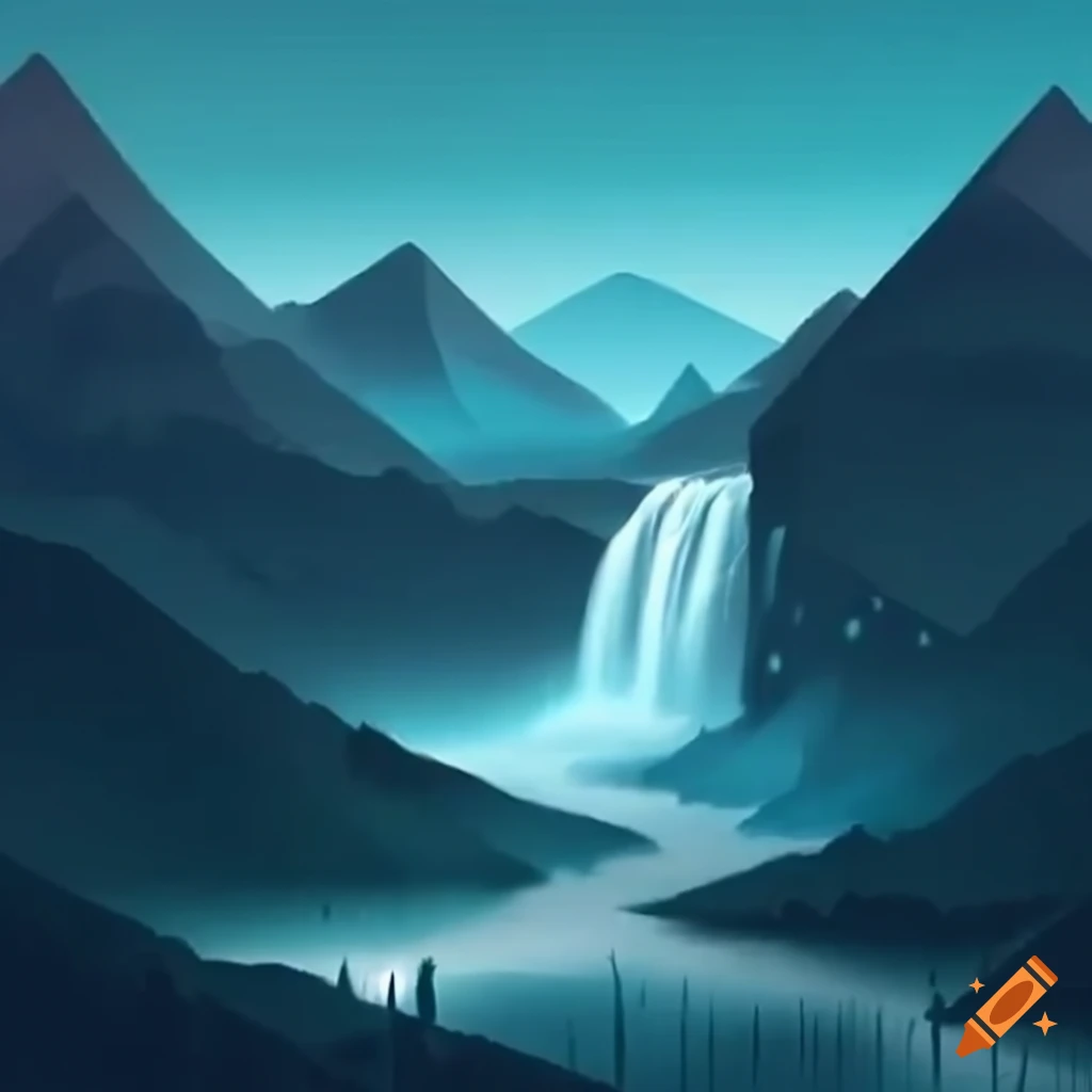 Mountains covered in morning mist blending with a cascading waterfall