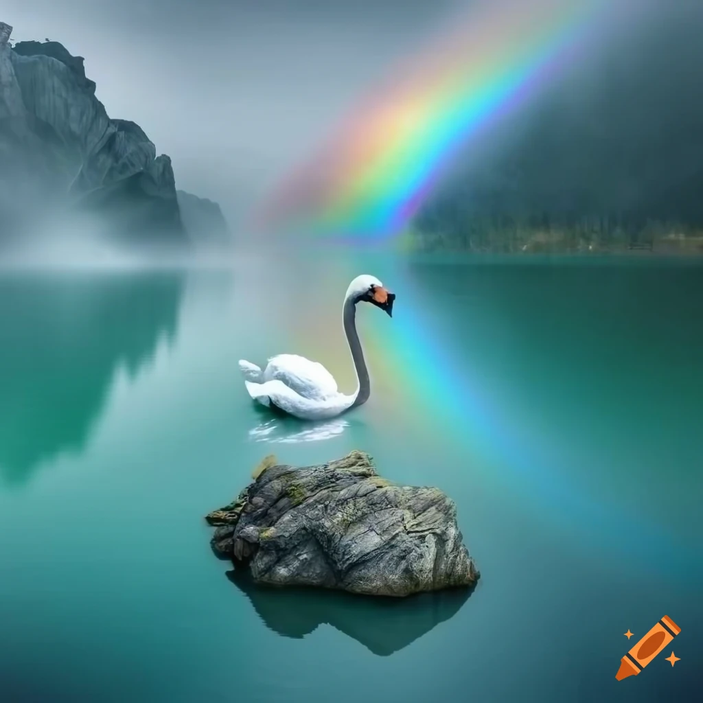 Paisaje chino con rocas y cisnes nadando en un lago bajo un arco iris