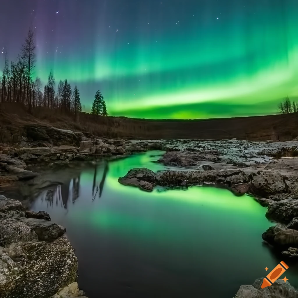 Magical galactic star waterfall with northern lights in a dark fantasy setting