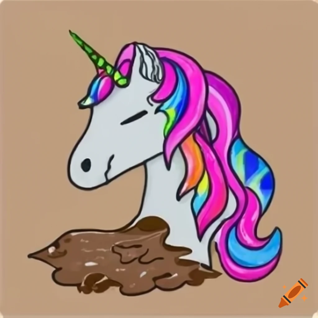 Colorful white unicorn blushing sinking into brown mud
