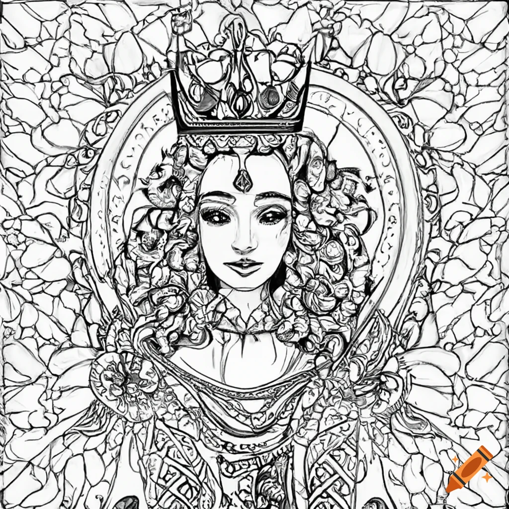 Black and white coloring page of a queen