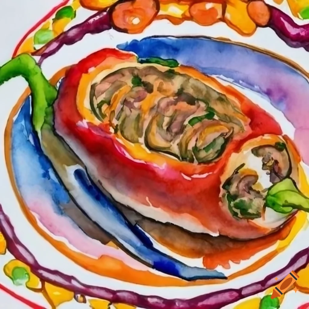Watercolor painting of a traditional chile relleno dish