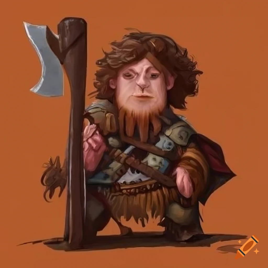 Quirky halfling barbarian with a large axe and unique facial hair style