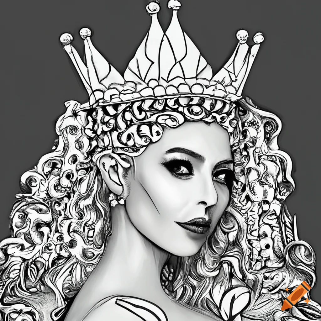 Black and white coloring page of a queen