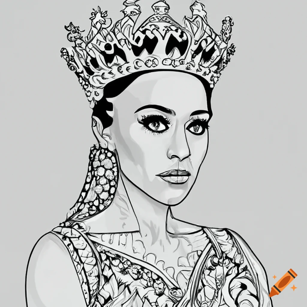 Black and white coloring page of a queen in an awesome dress