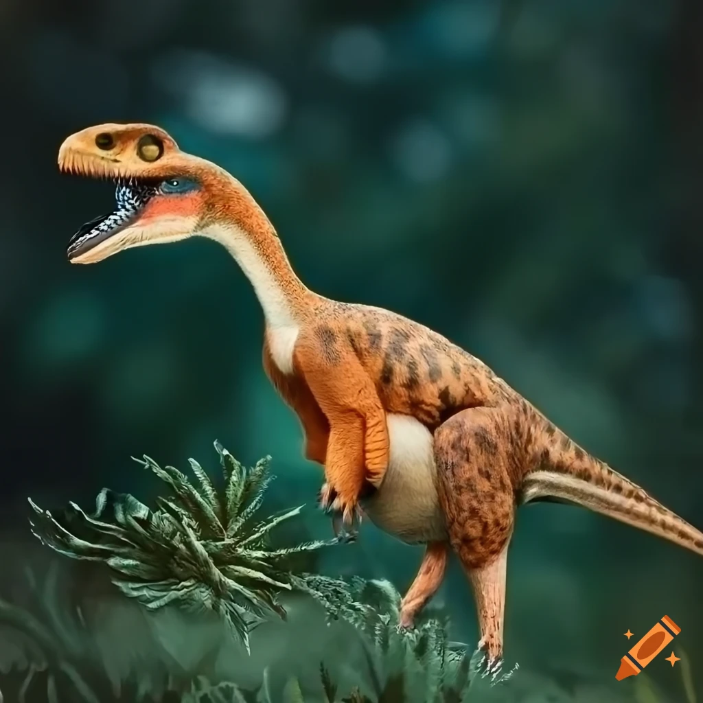 Feathered dinosaur with chipmunk-like color pattern climbing a tree canopy