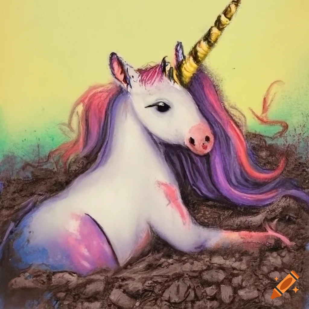 Young unicorn sinking in mud in a pastel drawing