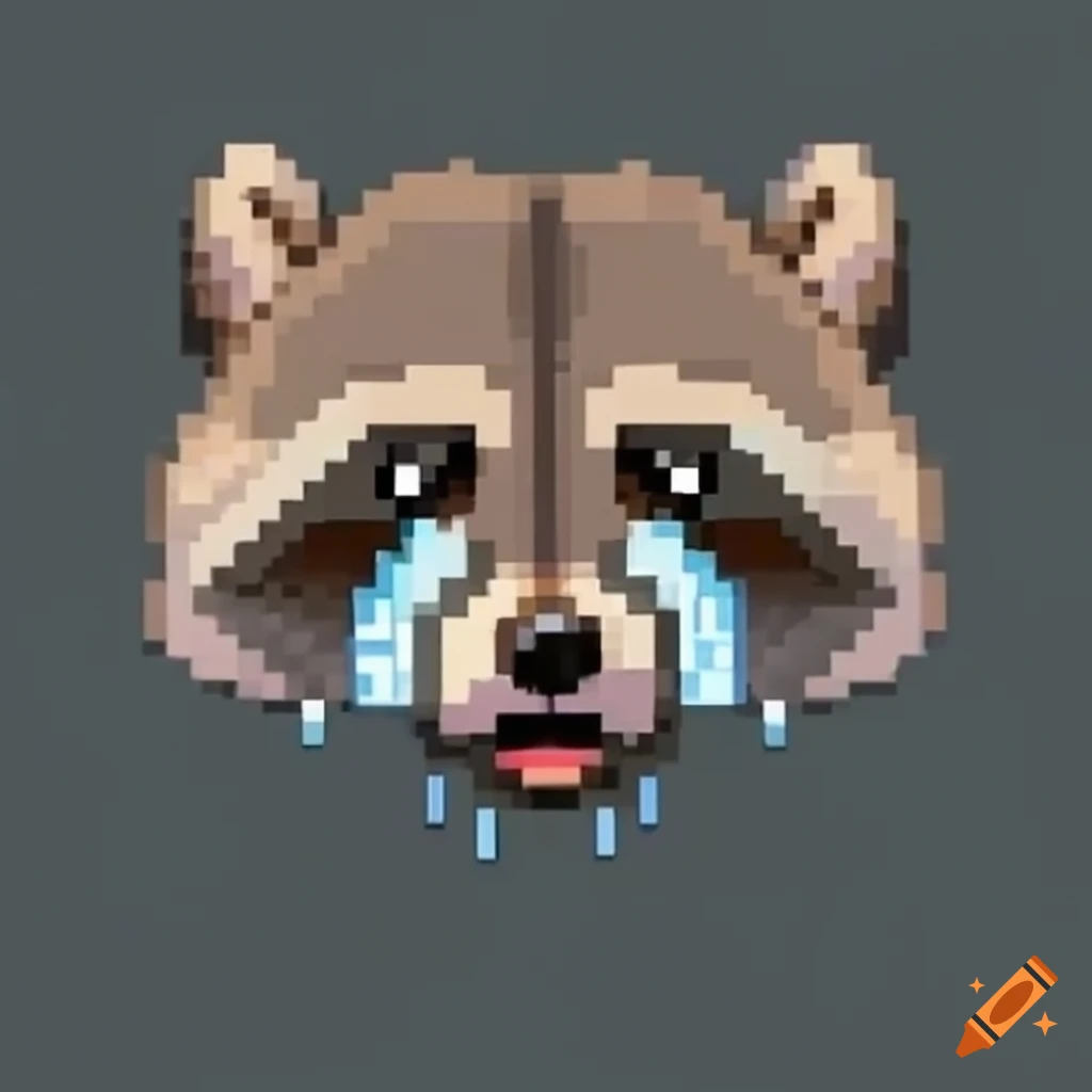 8-bit raccoon crying with teardrops
