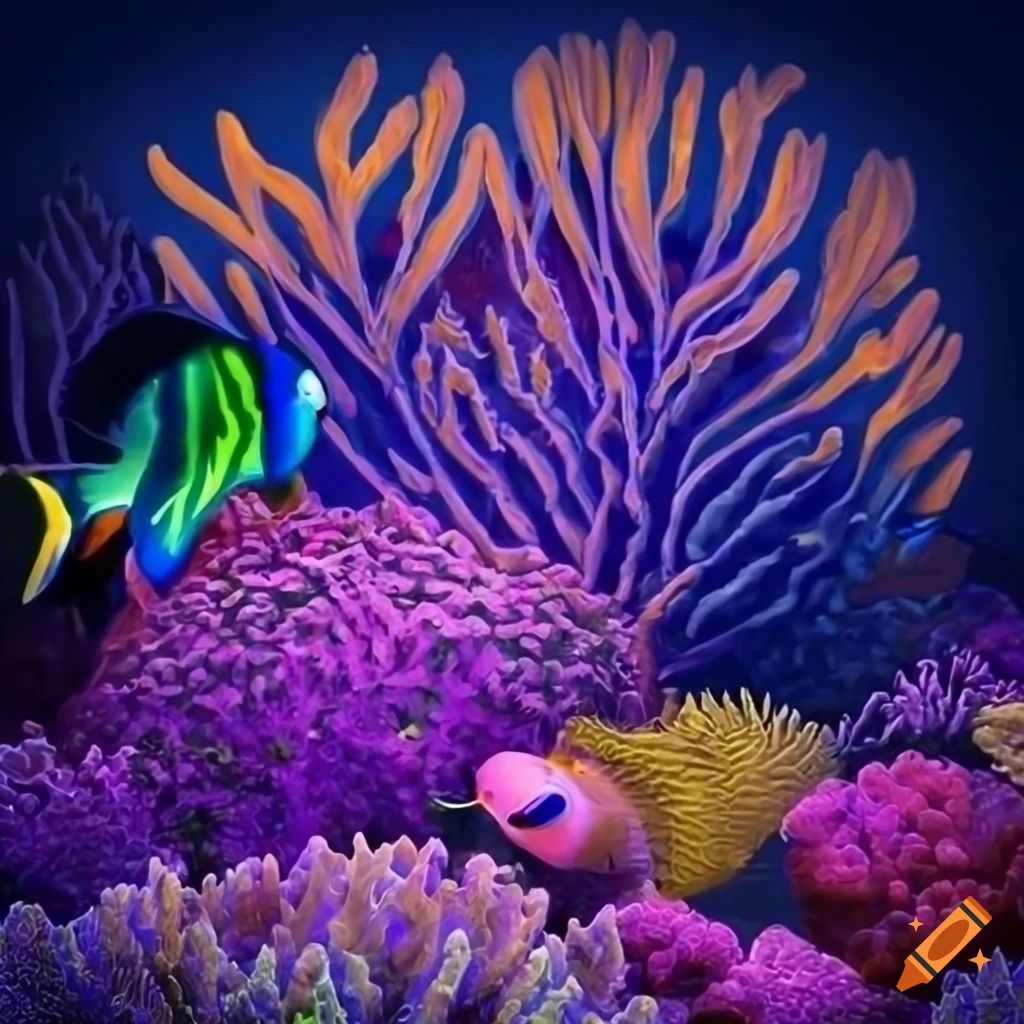 Underwater coral reef with violet colored fishes