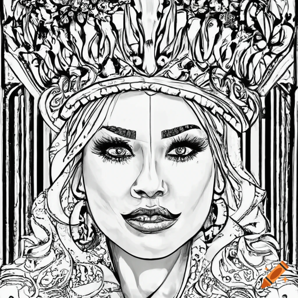 Black and white coloring page of a queen
