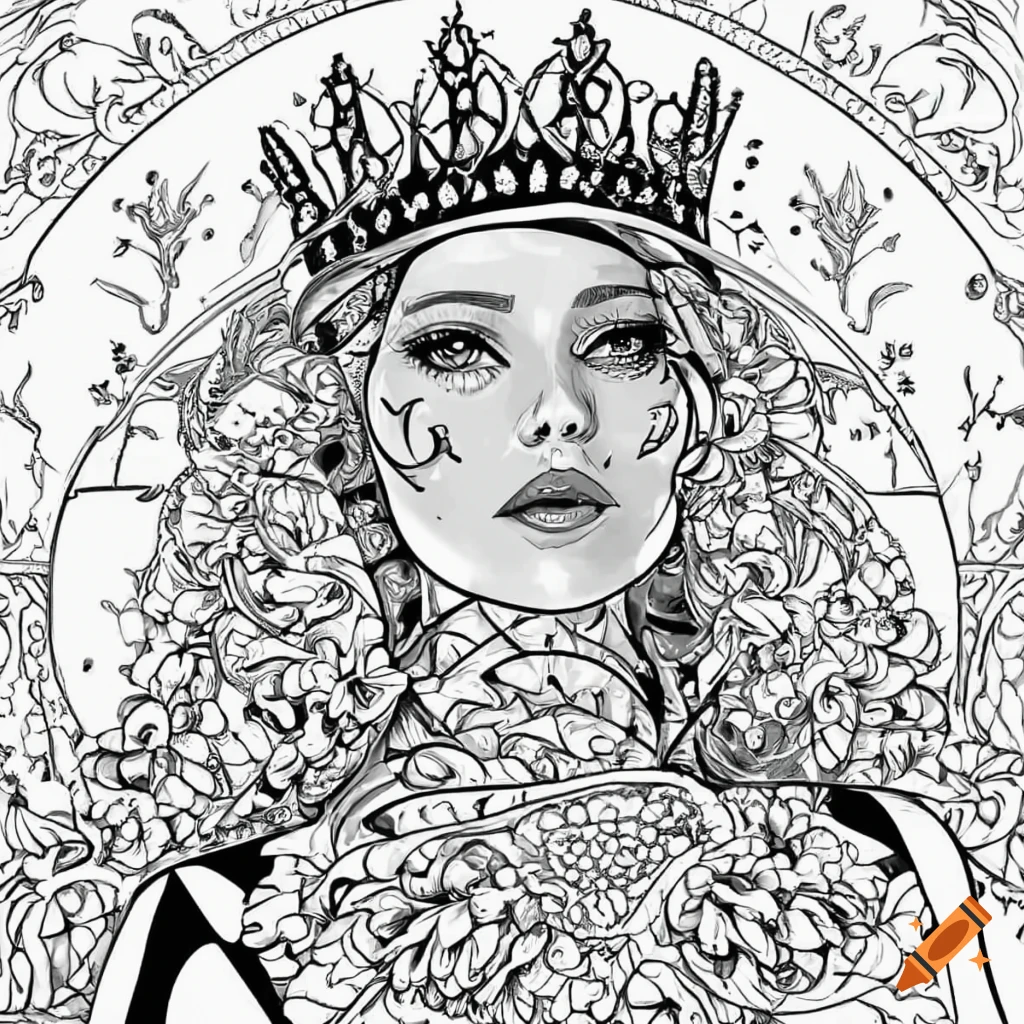 Queen in a stunning dress black and white coloring page
