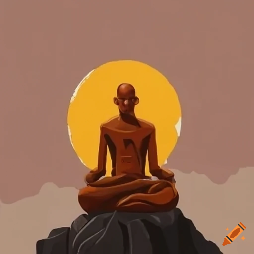 Earth monastery symbol of a monk sitting on basalt rocks