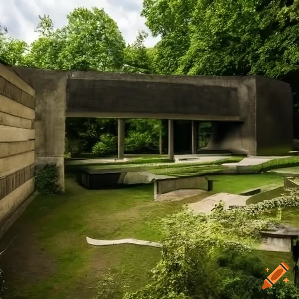 Brutalist pavilion in a lush walled garden inspired by St. Peter's Seminary architecture