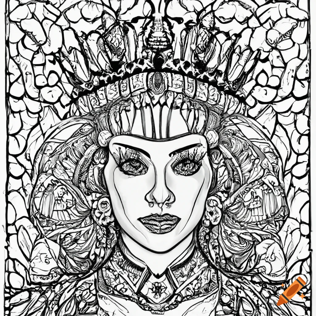 Black and white coloring page of a queen