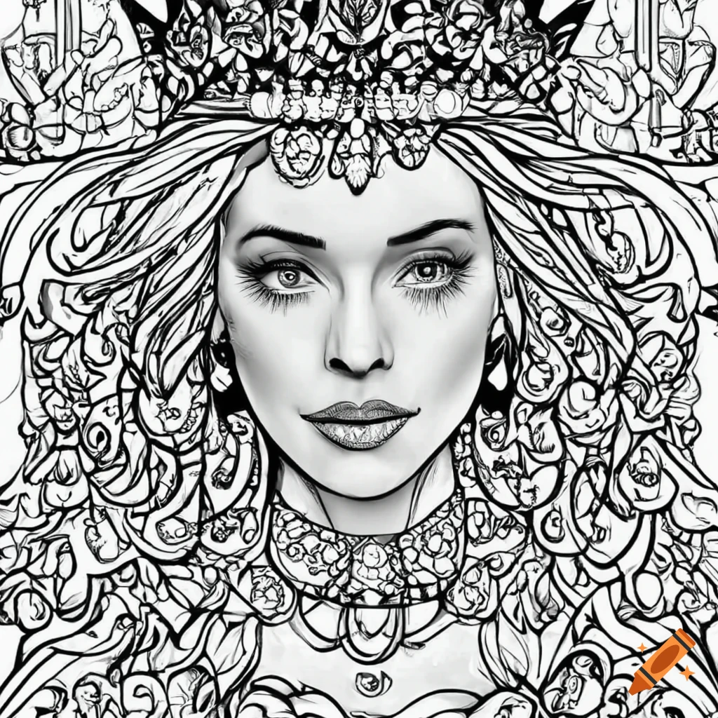 Black and white coloring page of a queen