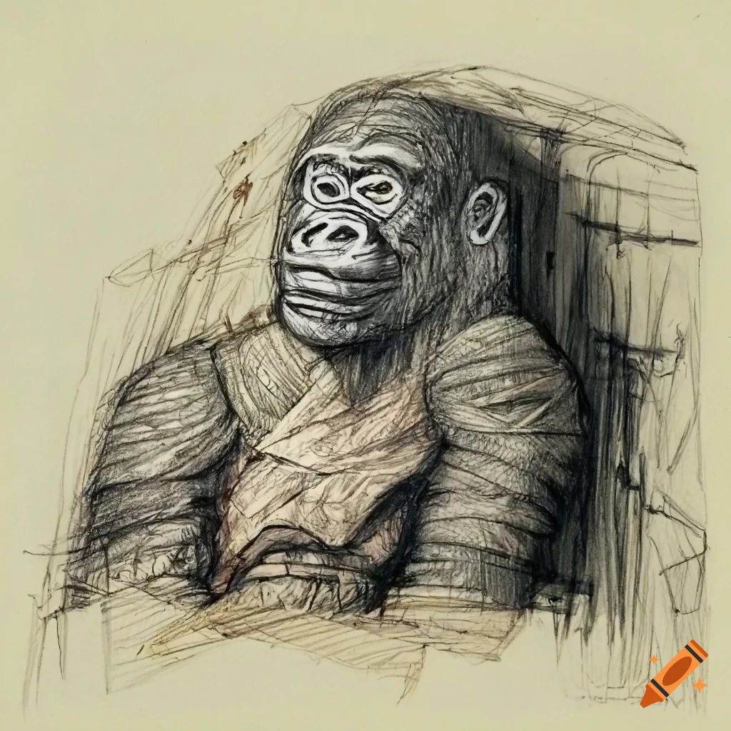Archaeological sketch of a decayed giant mummy gorilla on stained paper