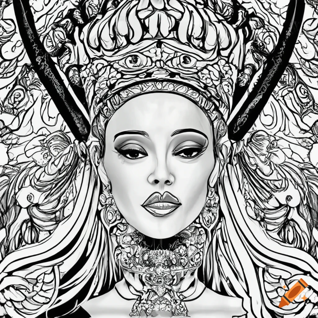 Queen with stunning dress in black and white coloring page