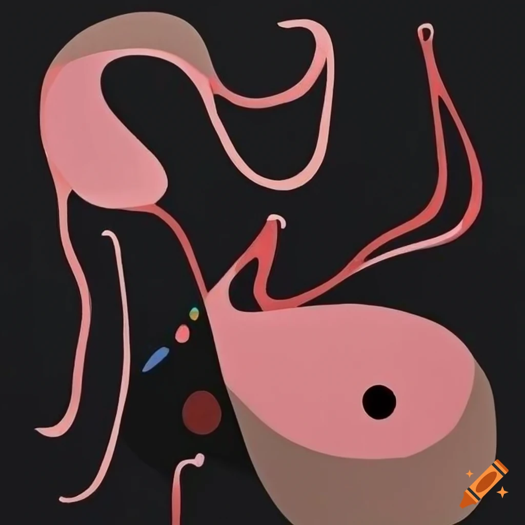 Abstract art inspired by Miró with forest green, black, and dusty pink colors